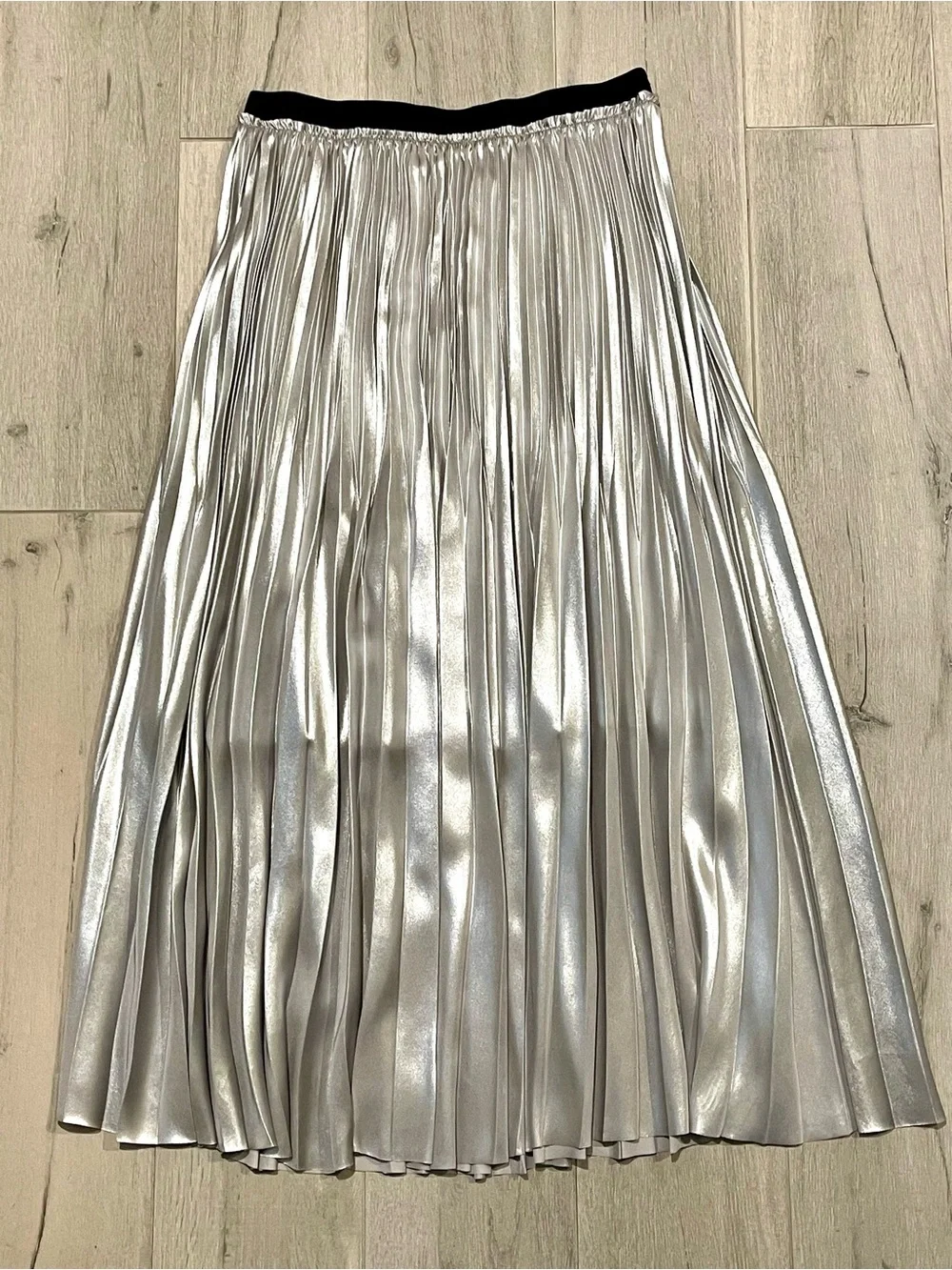 Silver Metallic Pleated Midi Skirt | Quiet Luxury Minimalist Chic